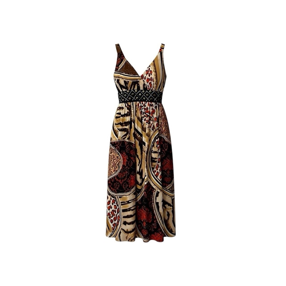 Y2K Glam Maxi Dress Mixed Prints & Rhinestone Waist Detail Animal Indie Sleaze S
